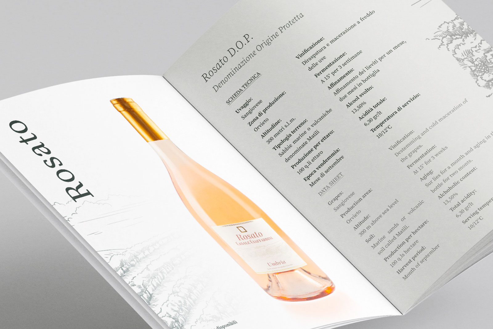 mockup di brochure aperta con due pagine di presentazione del vino